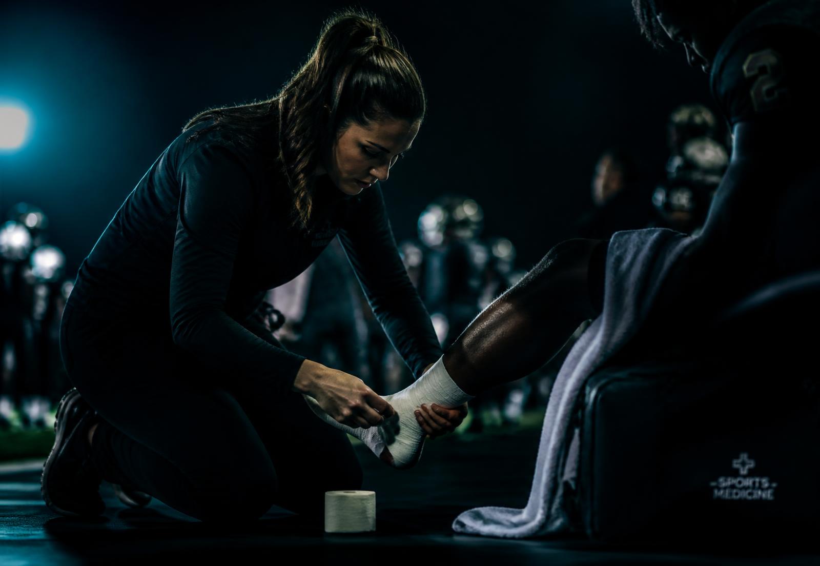 Athletic trainer taping an athlete's ankle on the sideline